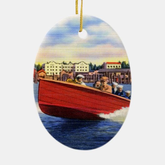 湖のCoeurのd'Alene、アイダホの木の速度のボート セラミックオーナメント (裏面)