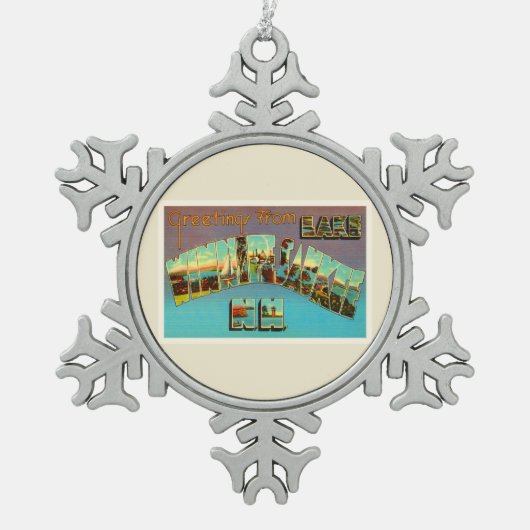 湖のWinnipesaukeeニューハンプシャー旅行記念品 スノーフレークピューターオーナメント (正面)