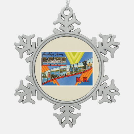 湖のWinnipesaukee #2ニューハンプシャーNHの古い旅行 スノーフレークピューターオーナメント (正面)