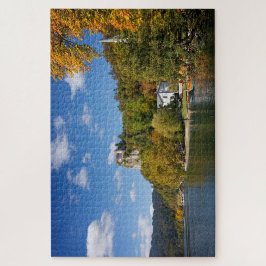 湖はスロベニアの秋色の木と出血しました ジグソーパズル (縦)