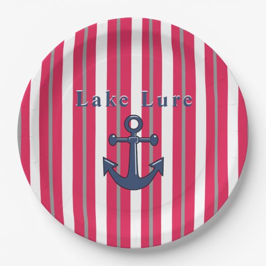 湖またはパーソナライズされたビーチレッドホワイトラウンド ペーパープレート (正面)
