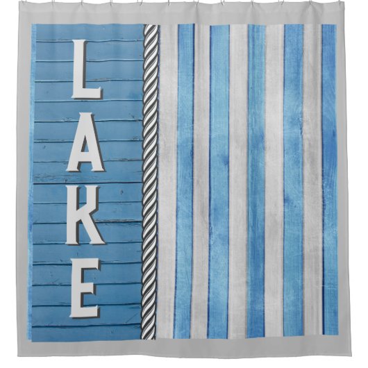 湖をテーマにした青と灰色 シャワーカーテン (正面)