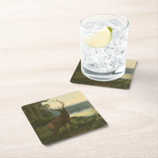 湖を見下ろすエルクのバックビュー スクエアペーパーコースター (インサイチュ)