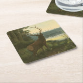 湖を見下ろすエルクのバックビュー スクエアペーパーコースター (アングル)
