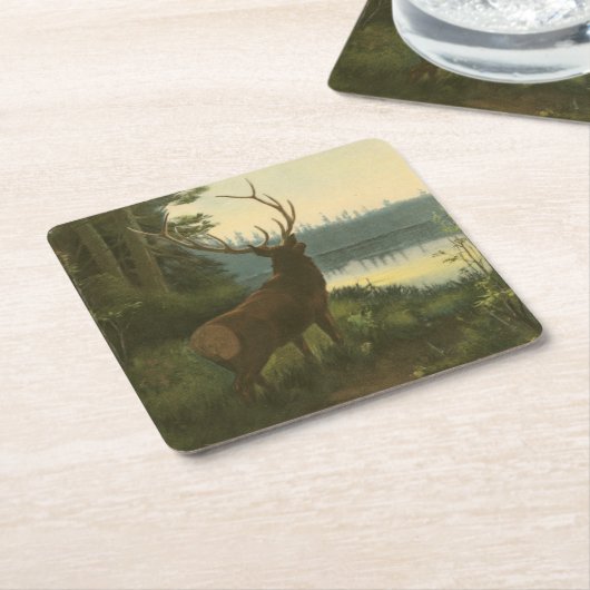 湖を見下ろすエルクのバックビュー スクエアペーパーコースター (アングル)