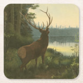 湖を見下ろすエルクのバックビュー スクエアペーパーコースター (正面)