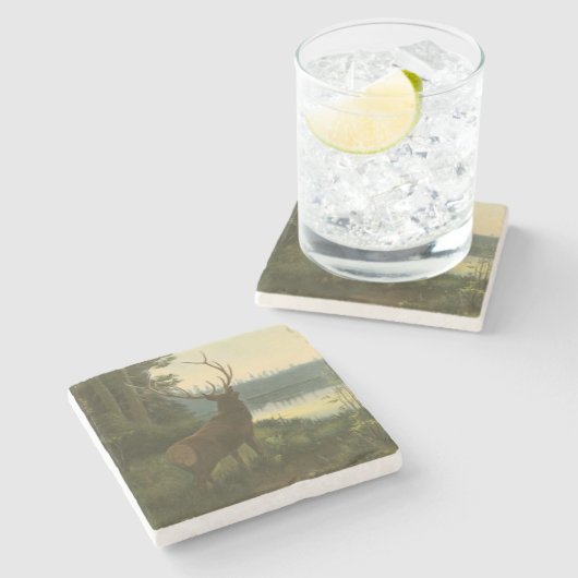 湖を見下ろすエルクのバックビュー ストーンコースター (横)