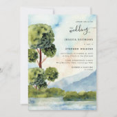 湖エバーグリーンウォーターカラーダスティブルー結婚ズ 招待状 (正面)