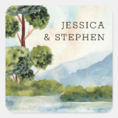 湖エバーグリーンウォーター色の花嫁と花婿の名前 スクエアシール (正面)