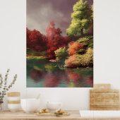 湖クラシックの木々の秋の表示クリムゾン葉 ポスター (キッチン)