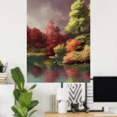 湖クラシックの木々の秋の表示クリムゾン葉 ポスター (ホームオフィス)