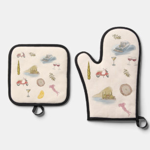 湖コモイタリアウォーターカラー 鍋つかみ&鍋敷きセット