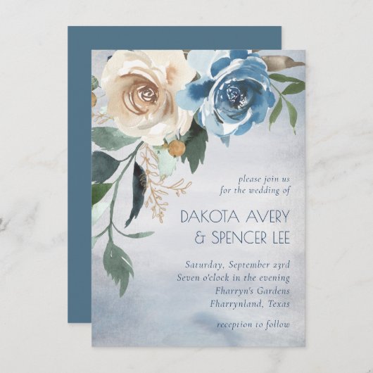 湖フローラ |ほこりっぽい青とオフ白結婚色 招待状 (正面/裏面)