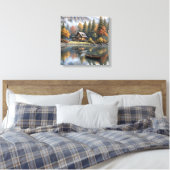 湖上にボートを乗せた山の丸太小屋 キャンバスプリント (インサイチュ (寝室))