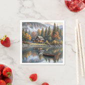 湖上にボートを乗せた山の丸太小屋 スタンダードカクテルナプキン (インサイチュ)