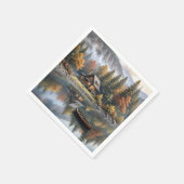 湖上にボートを乗せた山の丸太小屋 スタンダードカクテルナプキン (角)