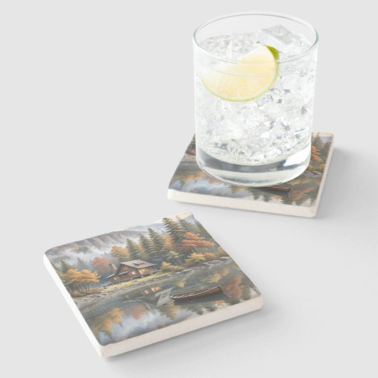 湖上にボートを乗せた山の丸太小屋 ストーンコースター (横)