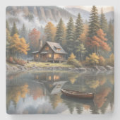 湖上にボートを乗せた山の丸太小屋 ストーンコースター (正面)