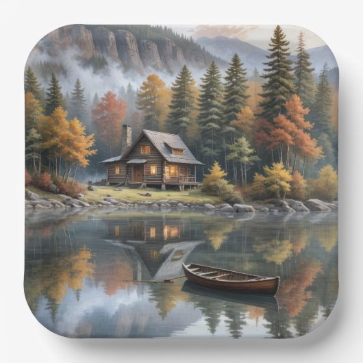 湖上にボートを乗せた山の丸太小屋 ペーパープレート (正面)