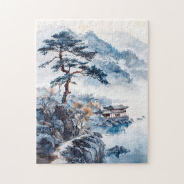湖上の中国風景の水墨画 ジグソーパズル