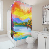 湖上の夕日の鮮やかな色のスケッチ シャワーカーテン (インサイチュ)