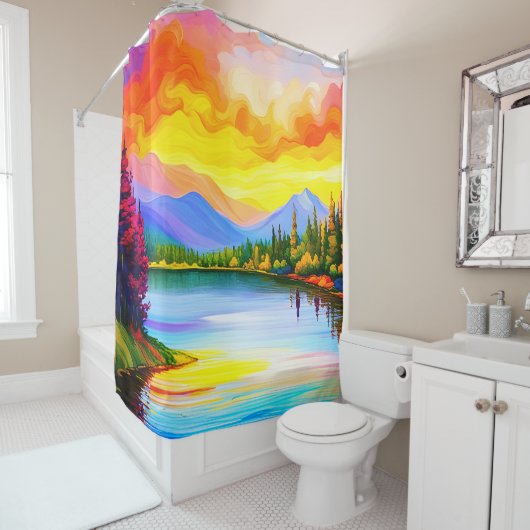 湖上の夕日の鮮やかな色のスケッチ シャワーカーテン (インサイチュ)