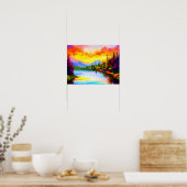 湖上の夕日の鮮やかな色のスケッチ ポスター (キッチン)