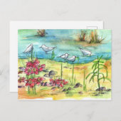 湖岸の鳥のカモメ水彩池の花 ポストカード (正面/裏面)