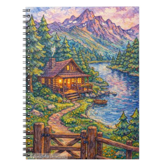 湖畔のログハウスの山岳風景画 ノートブック (正面)