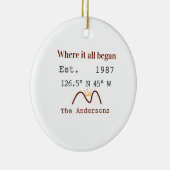 湖畔の家など。カスタム座標 ブラウン セラミックオーナメント (右)