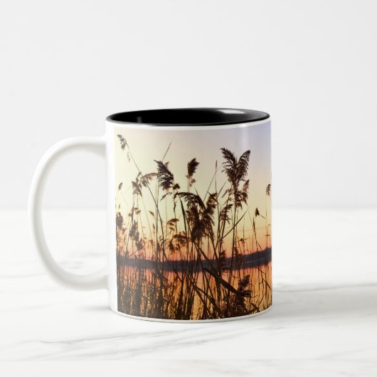 湖畔の日没による植物のシルエット ツートーンマグカップ (左)