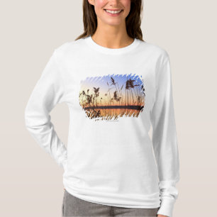 湖畔の日没による植物のシルエット Tシャツ
