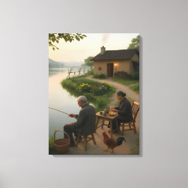 湖畔の村の朝のウォールアート キャンバスプリント