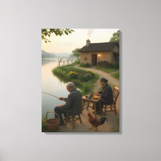 湖畔の村の朝のウォールアート キャンバスプリント