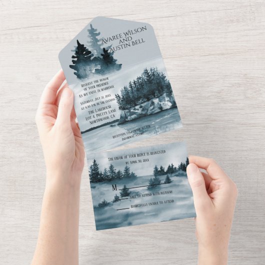 湖畔の水彩ブルー ウェディング招待状 オールインワン招待状 (貼ってはがせる)