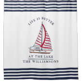 湖畔の白い青の赤で生活が良い シャワーカーテン (正面)