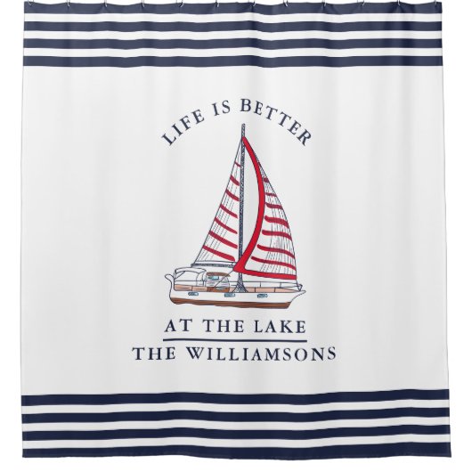 湖畔の白い青の赤で生活が良い シャワーカーテン (正面)
