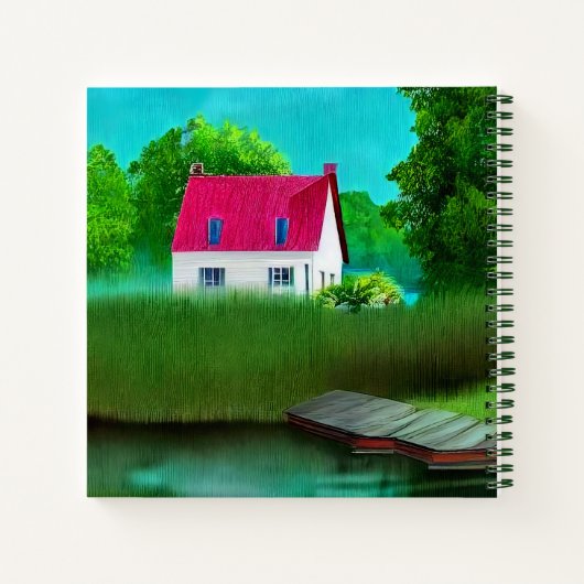湖畔の美しい赤い屋根のキャビン ノートブック (裏面)