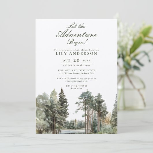 湖畔の自然な冒険が始まる ベビーシャワーのお知らせ 招待状 (スタンド正面)