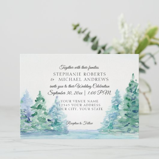 湖畔山の高いマツ屋外の結婚式 招待状 (スタンド正面)