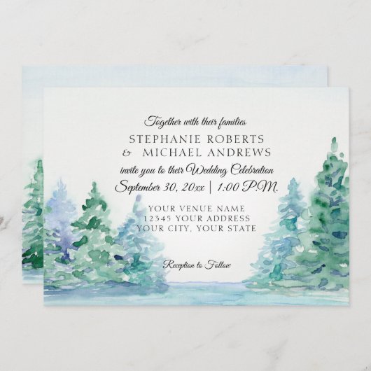 湖畔山の高いマツ屋外の結婚式 招待状 (正面/裏面)