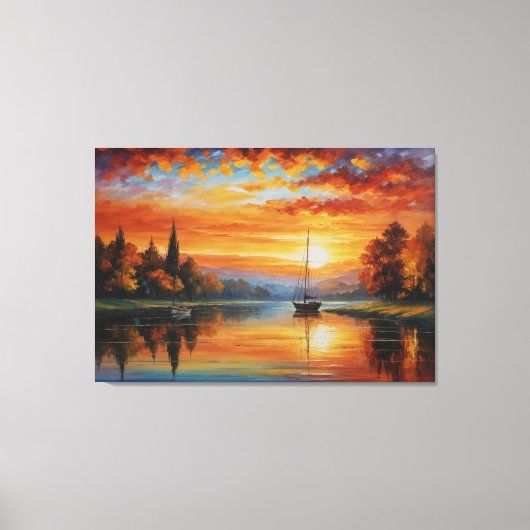 湖絵を描に沈む夕日 キャンバスプリント (正面)