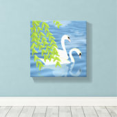 湖絵を描に浮かぶ白鳥の青と緑のペア キャンバスプリント (インサイチュ (ウッドフロア))