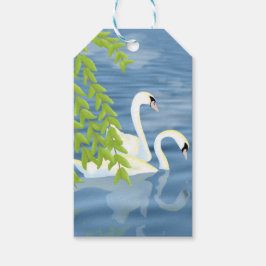 湖絵を描に浮かぶ白鳥の青と緑のペア ギフトタグ