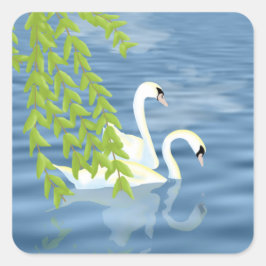 湖絵を描に浮かぶ白鳥の青と緑のペア スクエアシール