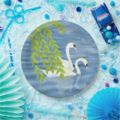 湖絵を描に浮かぶ白鳥の青と緑のペア ペーパープレート (パーティー)