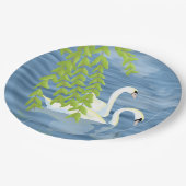 湖絵を描に浮かぶ白鳥の青と緑のペア ペーパープレート (アングル)