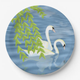 湖絵を描に浮かぶ白鳥の青と緑のペア ペーパープレート