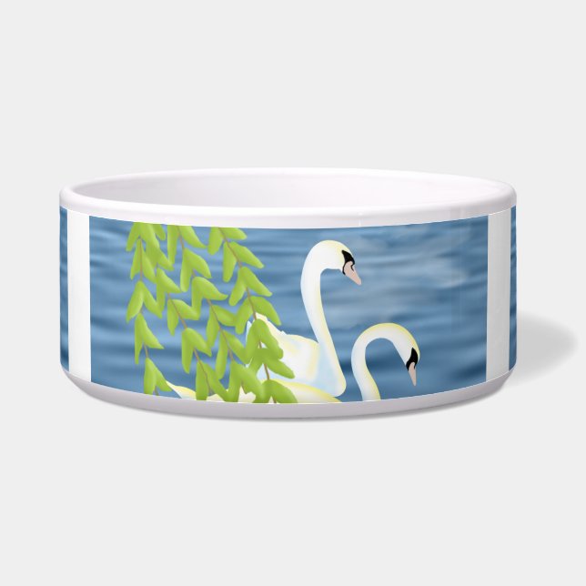 湖絵を描に浮かぶ白鳥の青と緑のペア ボウル (正面)
