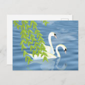 湖絵を描に浮かぶ白鳥の青と緑のペア ポストカード (正面/裏面)
